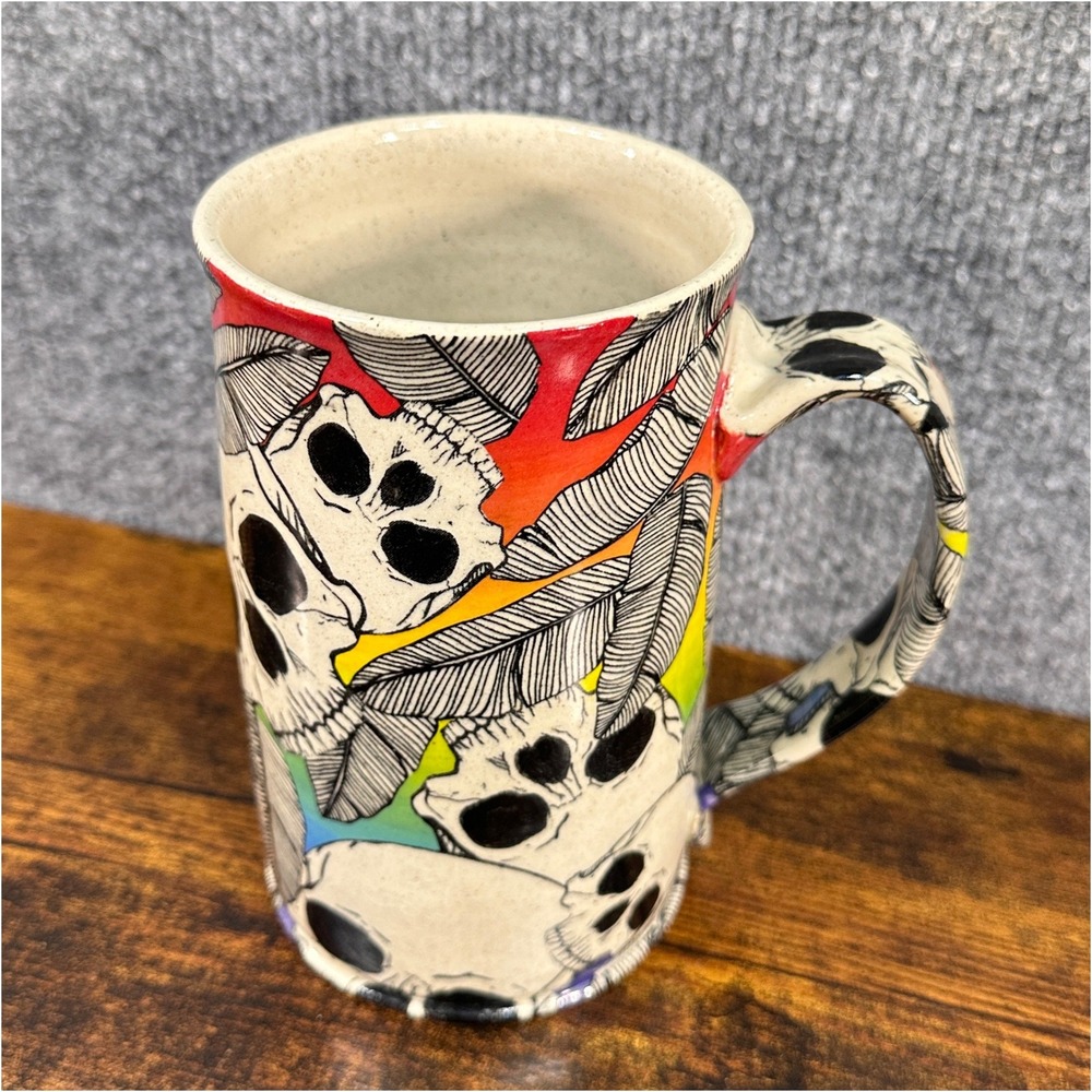 Handcrafted Studio Pottery Skulls Rainbow Feather Mug Gothic Signed Artisan Dark